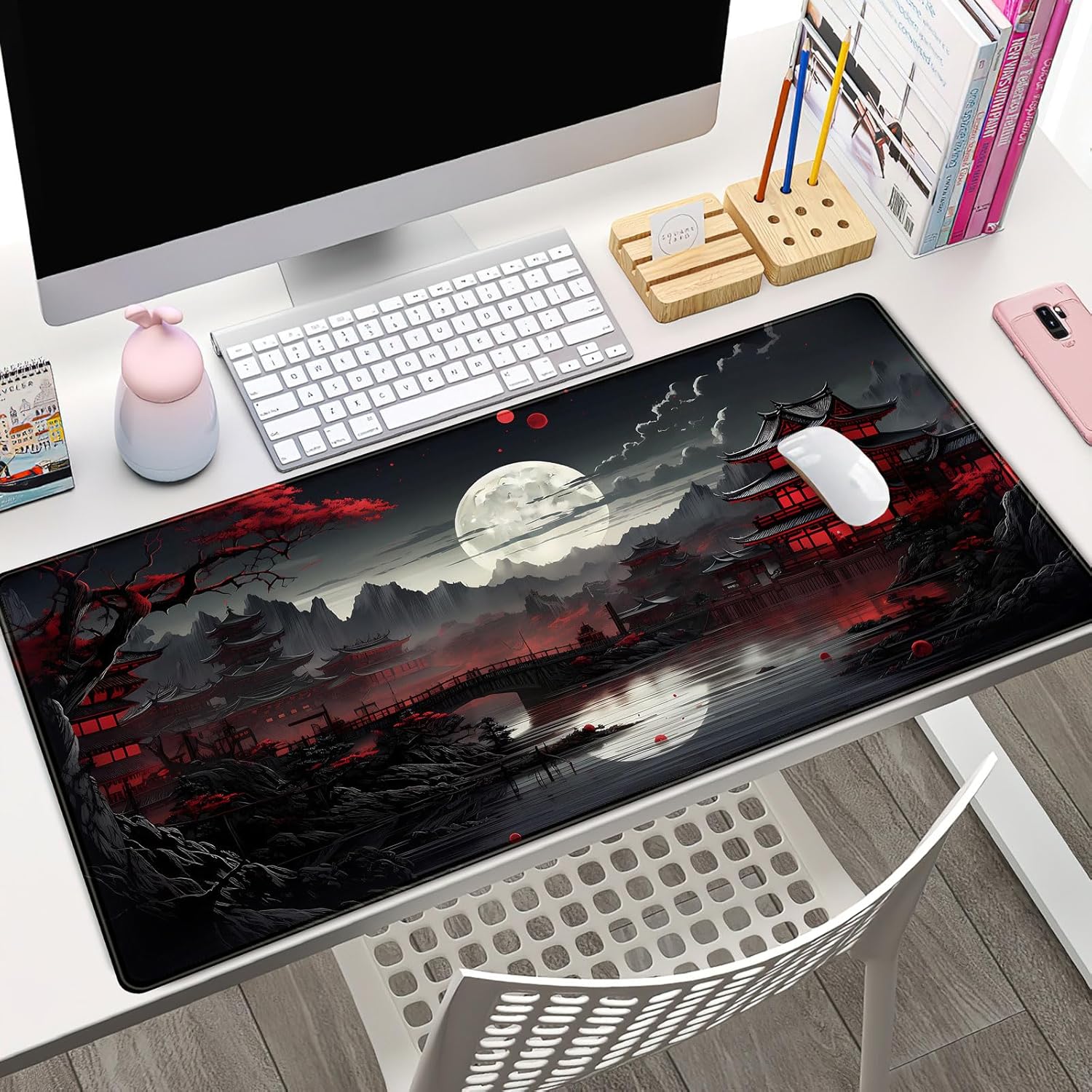 Gaming Keyboard Mouse - Japanese Desk Mat Riverside Full Moon